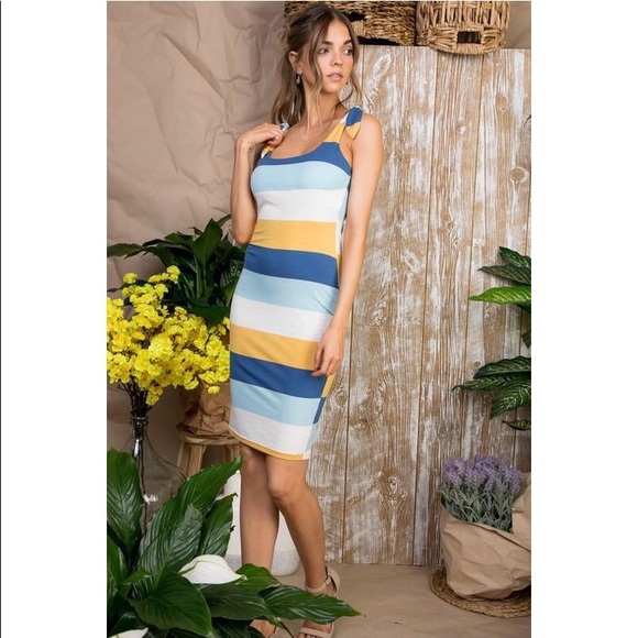 Blue Tie Shoulder Multi Color Stripe Dress - Picture 2 of 7